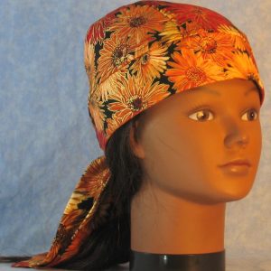 Do Rag in Yellow Orange Red Mums Flowers Outlined in Gold on Black-front
