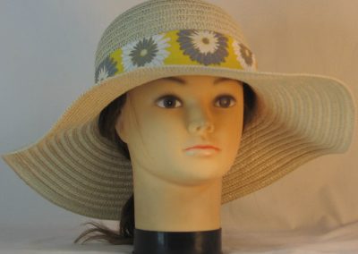 Floppy Hat Band in Gray White Flowers on Yellow with White Ties - front