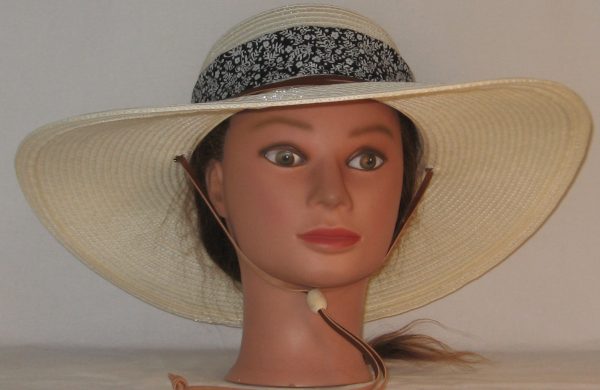 Floppy Hat Band in White Flowers Branch Sprigs on Black - front