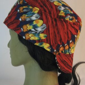 Welding Cap in Red Yellow Brown White Feathers-left back