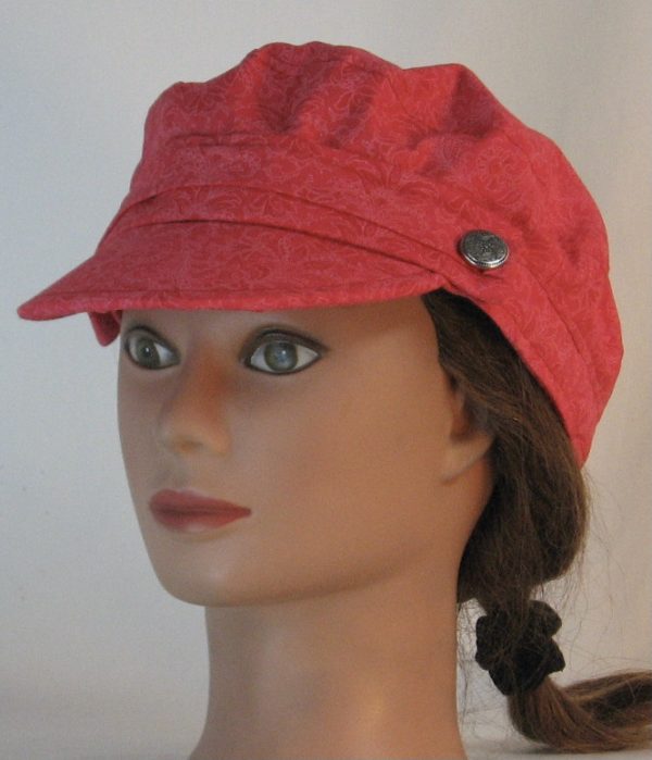 Fisherman Cap in White Scroll Flower Leaves on Rose Pink-front left
