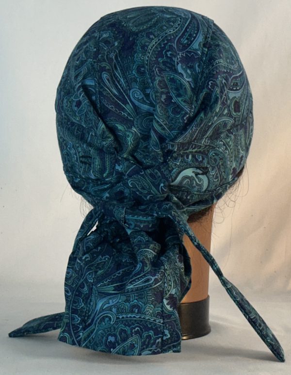 Hair Bag do Rag in Turquoise Blue Green Paisley Flower on Navy - Back