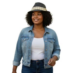 Fedora Band in Navy Windowpane Plaid on Tan Shirting - model