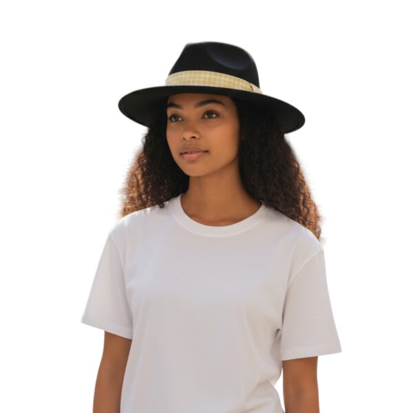 Fedora Band in White Windowpane Plaid on Pale Yellow - front left - model