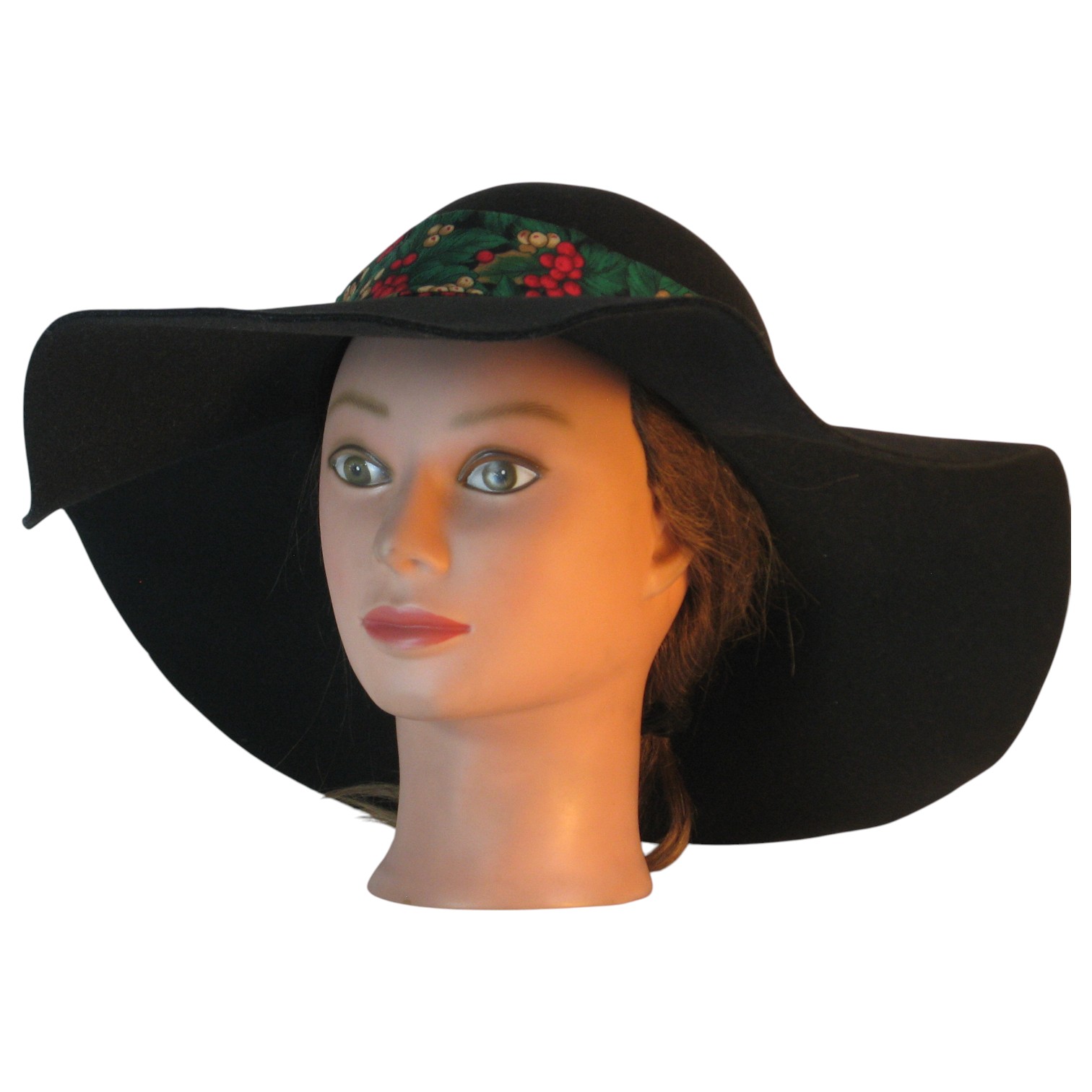 Floppy Hat Band in Rose Tan Berry Holly on Black - front