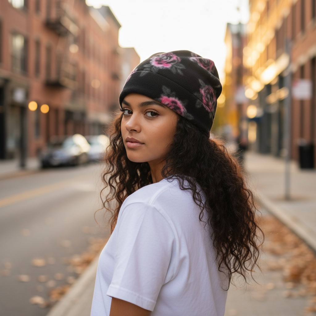 Beanie in Pink Roses Gray Leaves on Black-model