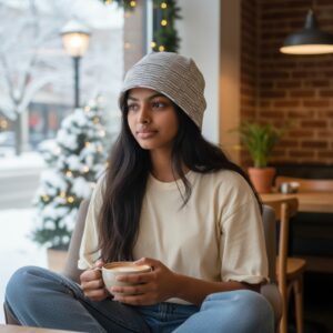 Beanie in Charcoal White Striped Section Sweater Knit-model