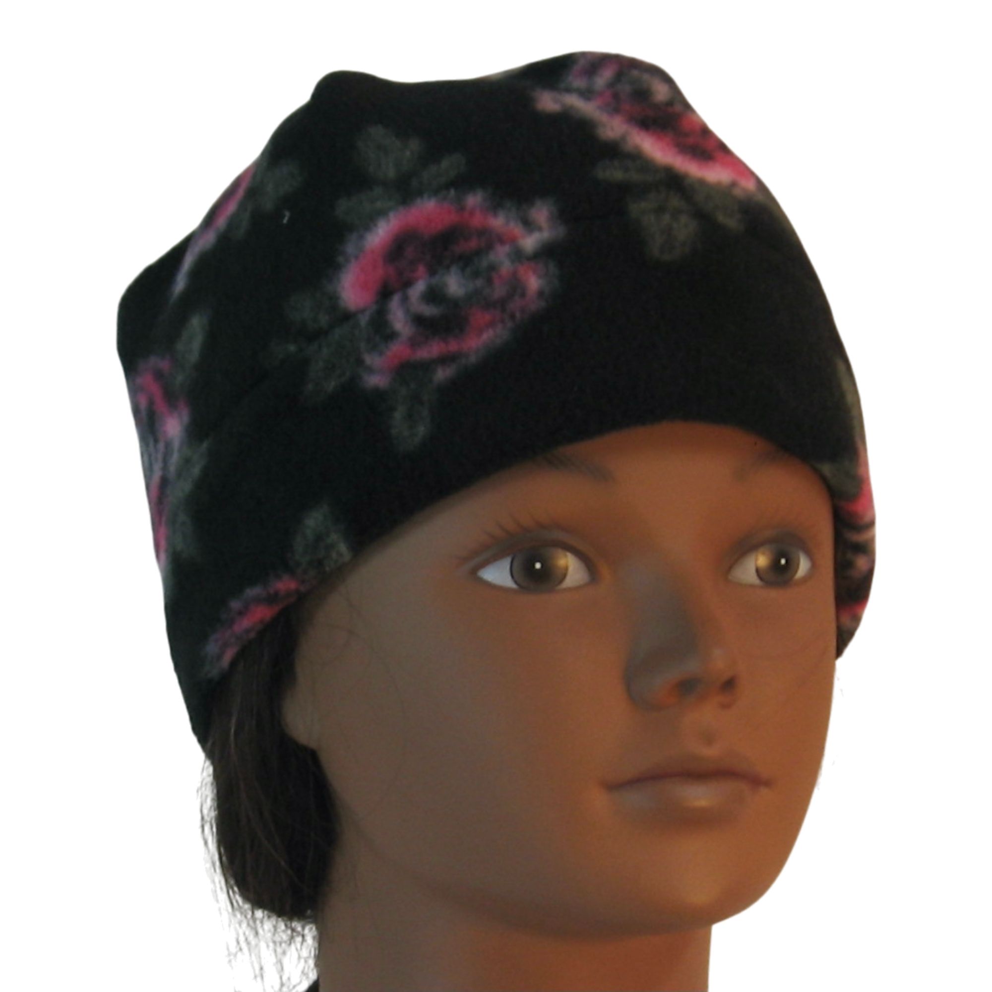 Beanie in Pink Roses Gray Leaves on Black-front right