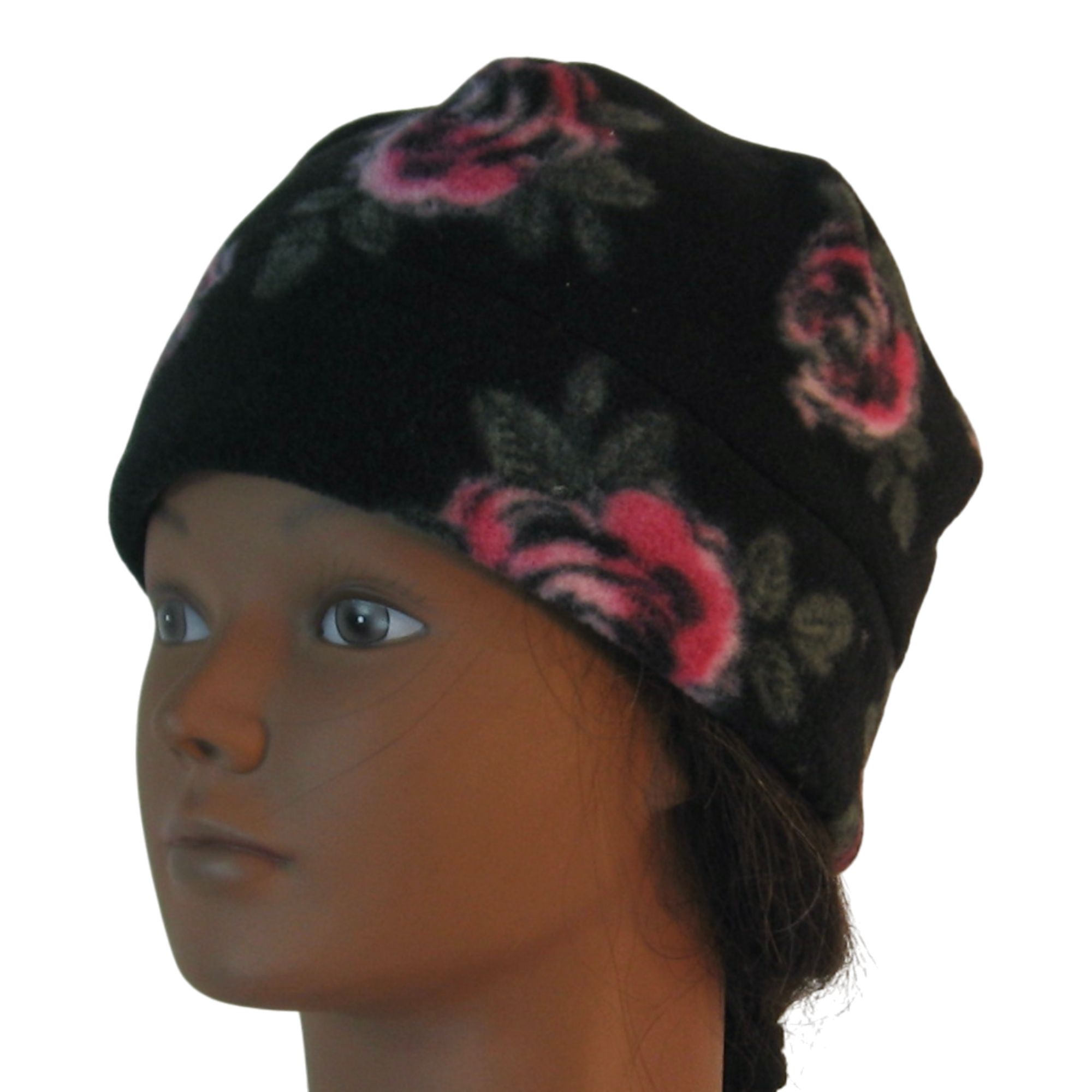 Beanie in Pink Roses Gray Leaves on Black-left