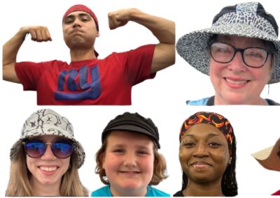 Customers wearing handcrafted hats and caps by Rawls-Riley Creations — boonie, bucket, ivy, custom floppy hats with handcrafted bands, fisherman, do rag, welding cap, and headband — smiling and showing their styles.