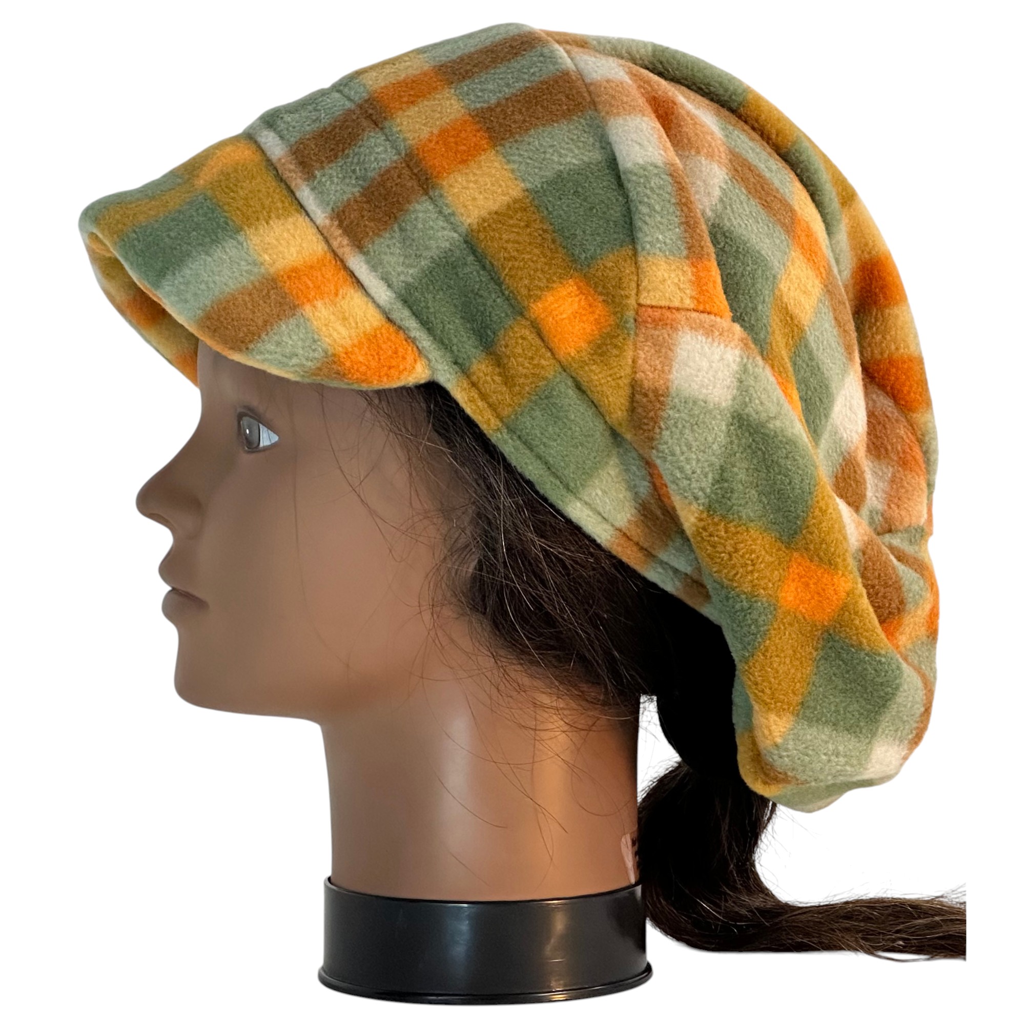 Newsboy in Orange Olive Tan Cream Plaid - left