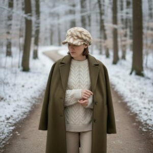 Newsboy in Tan Cream Rope Rows - model