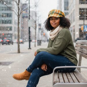Newsboy in Orange Olive Tan Cream Plaid - model