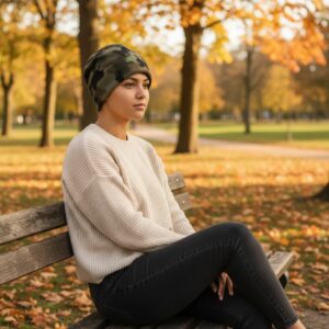 Beanie in Olive Brown Camo - model