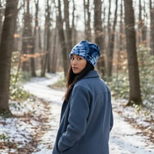 Beanie in Blue Tie Dye - model