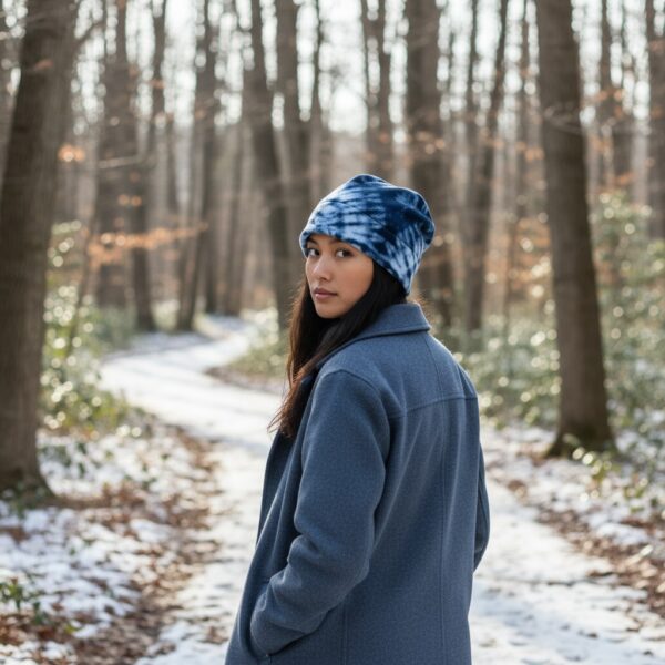 Beanie in Blue Tie Dye - model