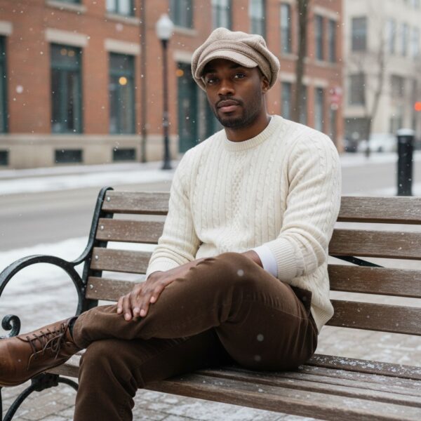 Newsboy in Tan Ivory Nubs Sweater Knit - model