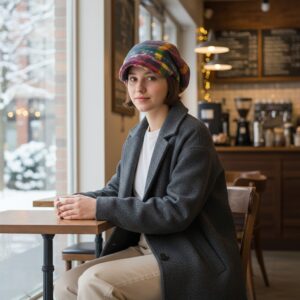 Newsboy in Speckle Plaid Rose Blue Gray Yellow - model
