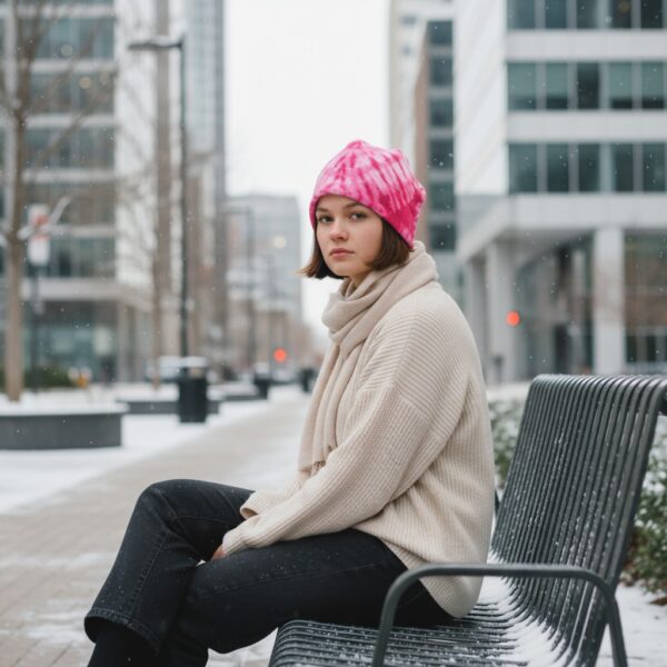 Beanie in Pink Tie Dye - model