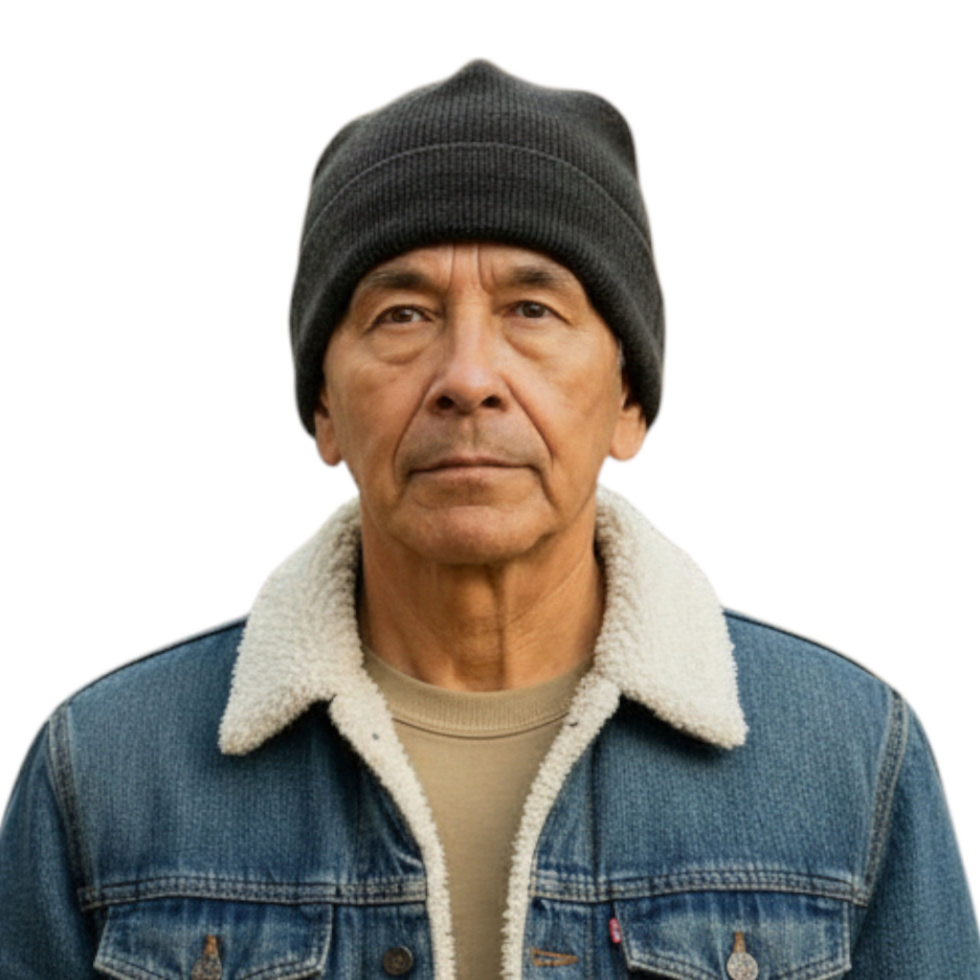 Dark gray beanie worn by a man on a white background