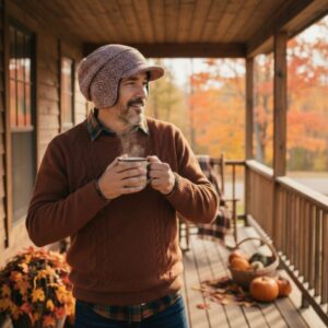 Beanie in Brown with Green Blue Gray Sweater Knit - model
