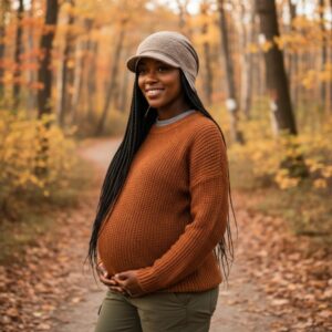 Beanie in Taupe with Black White Vintage Sweater Knit - model