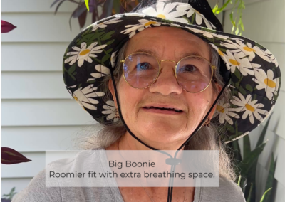 Becky wearing the Big size boonie hat, showing a roomier adjustable fit.