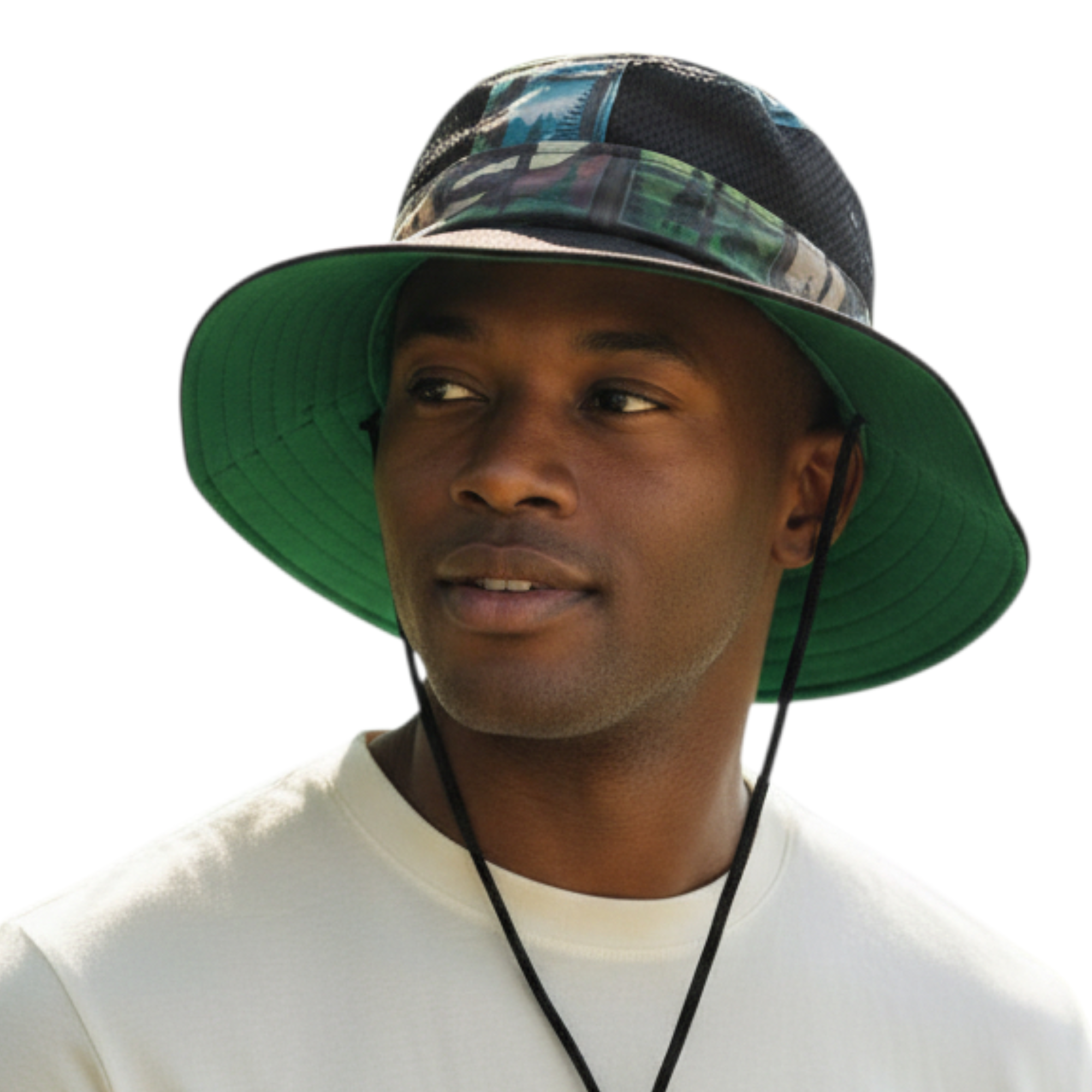 Man wearing a handcrafted boonie hat while traveling, showing crown fit and under-brim detail for comfort and sun coverage