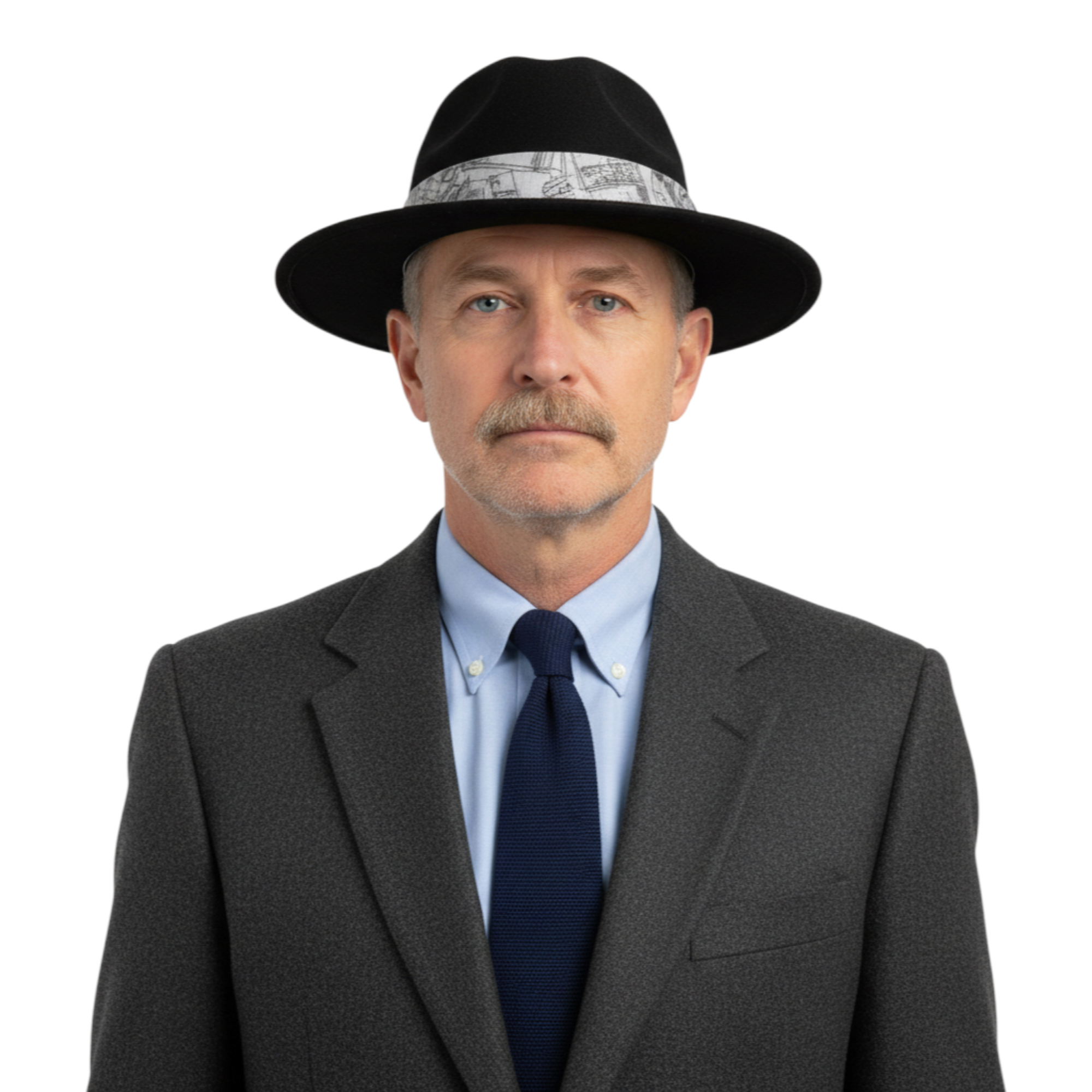 Cowboy hat styled with a fedora band worn by man in a dressy outfit