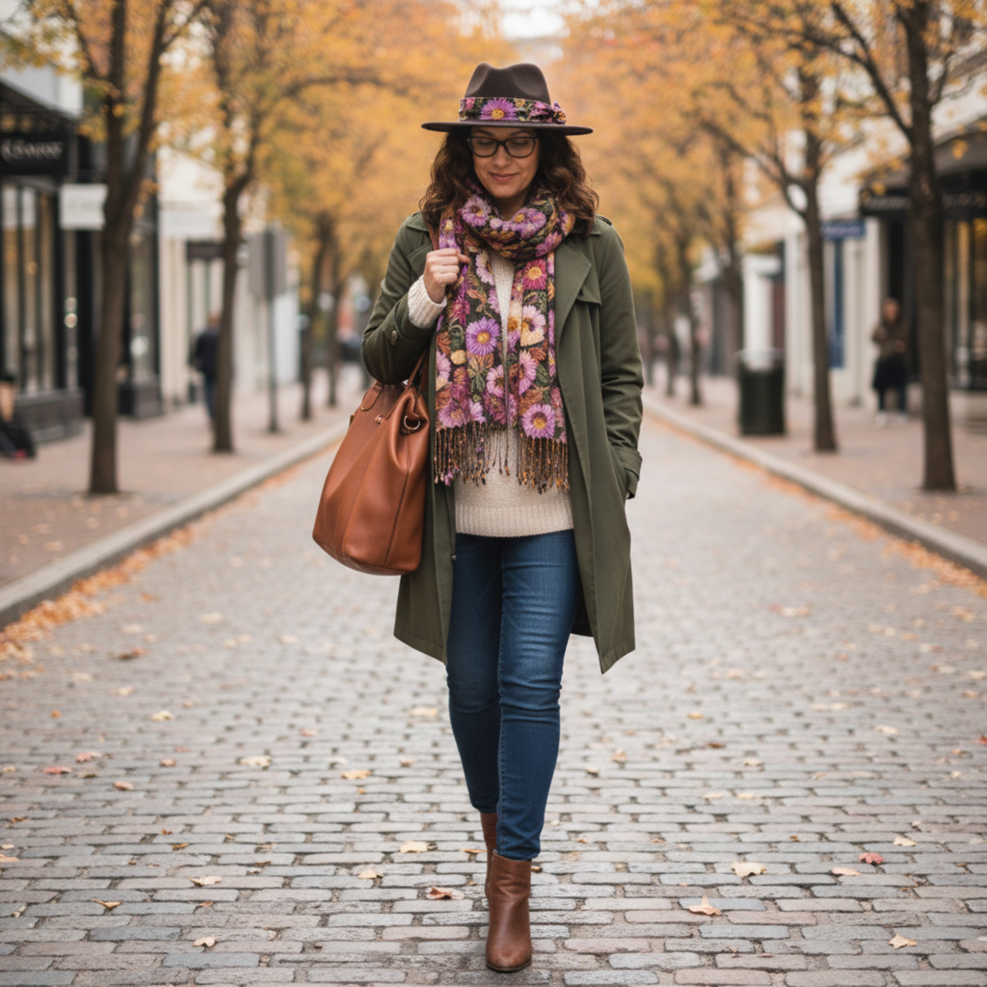 Cowboy Hat Styled with Floppy Band – Casual Look Cowboy hat styled with a floppy hat band worn by woman on cobblestone street
