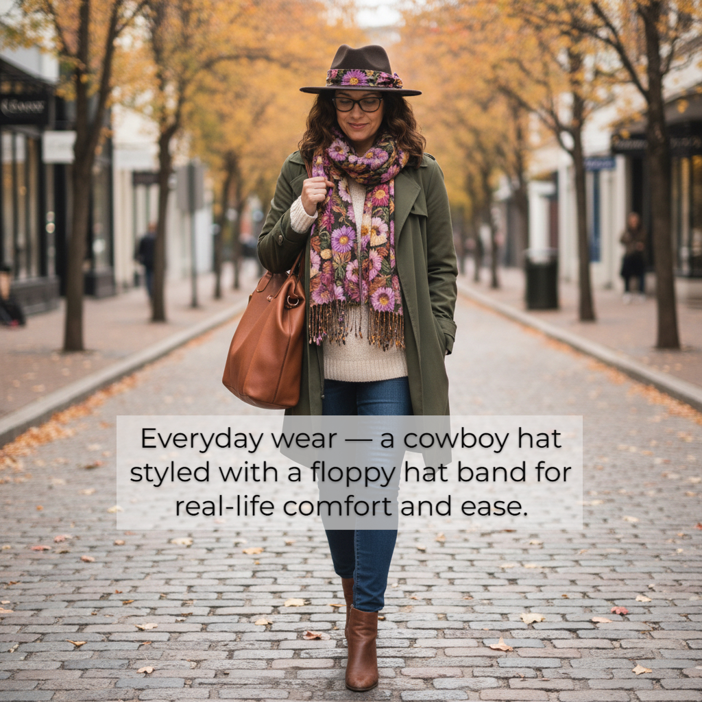 Cowboy Hat with Floppy Hat Band — Everyday Wear Woman wearing a cowboy hat styled with a floppy hat band while walking on a cobblestone street.