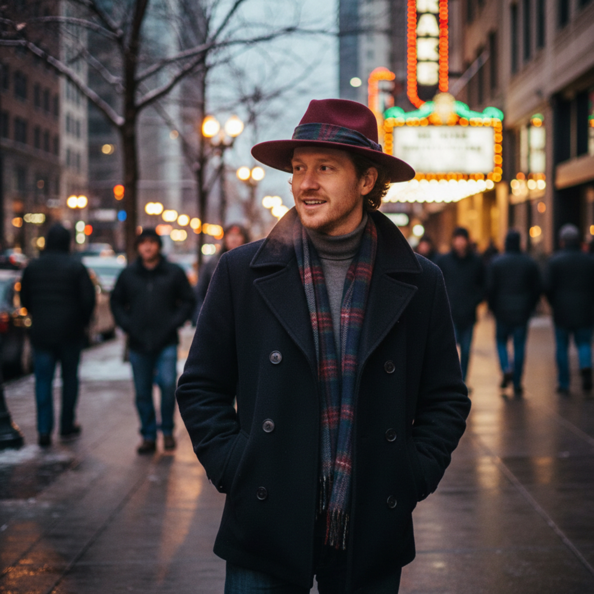 Cowboy Hat with Plaid Fedora-Style Band Man wearing a burgundy cowboy hat with a plaid fedora-style band