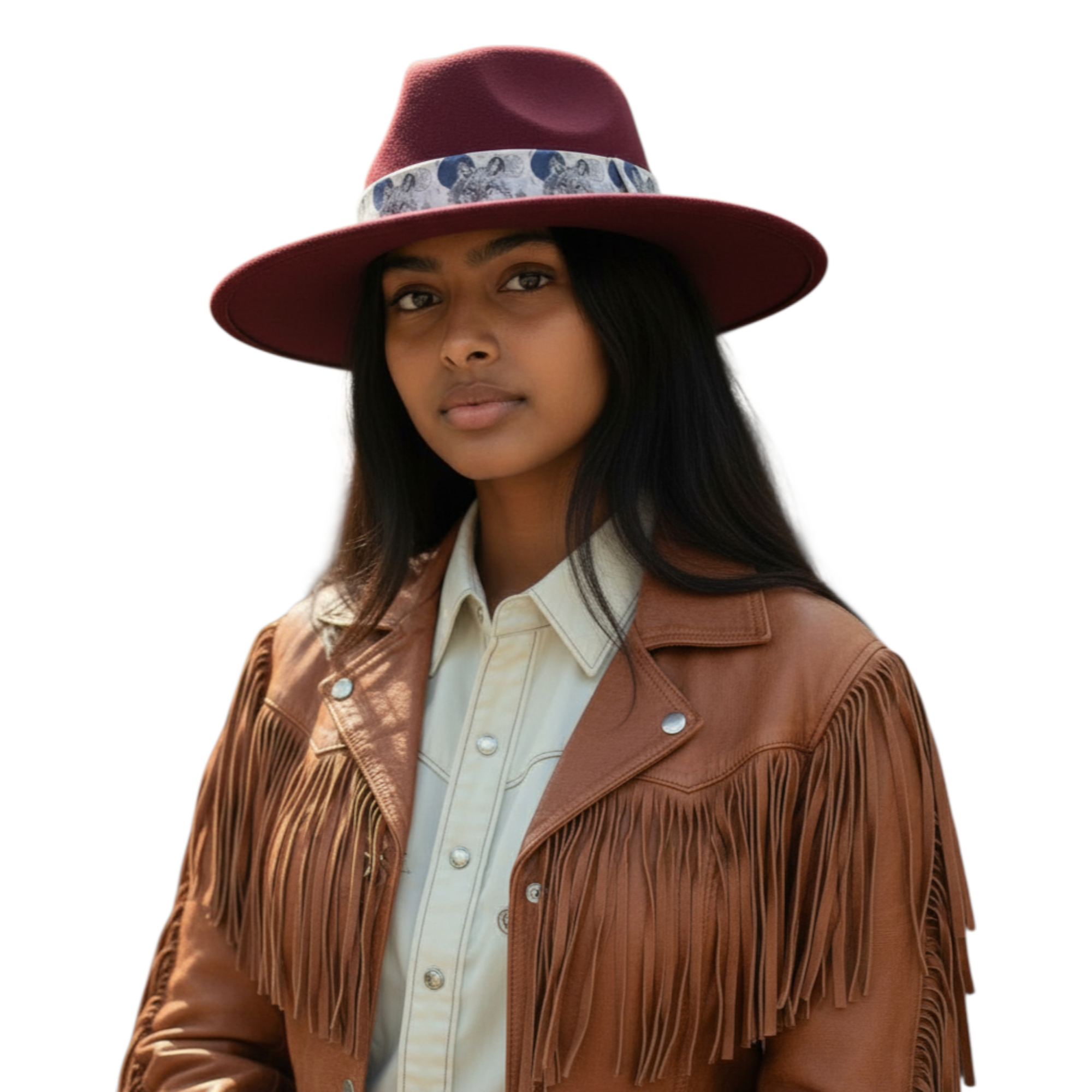 Burgundy felt cowboy hat with wolf print fedora band worn by woman