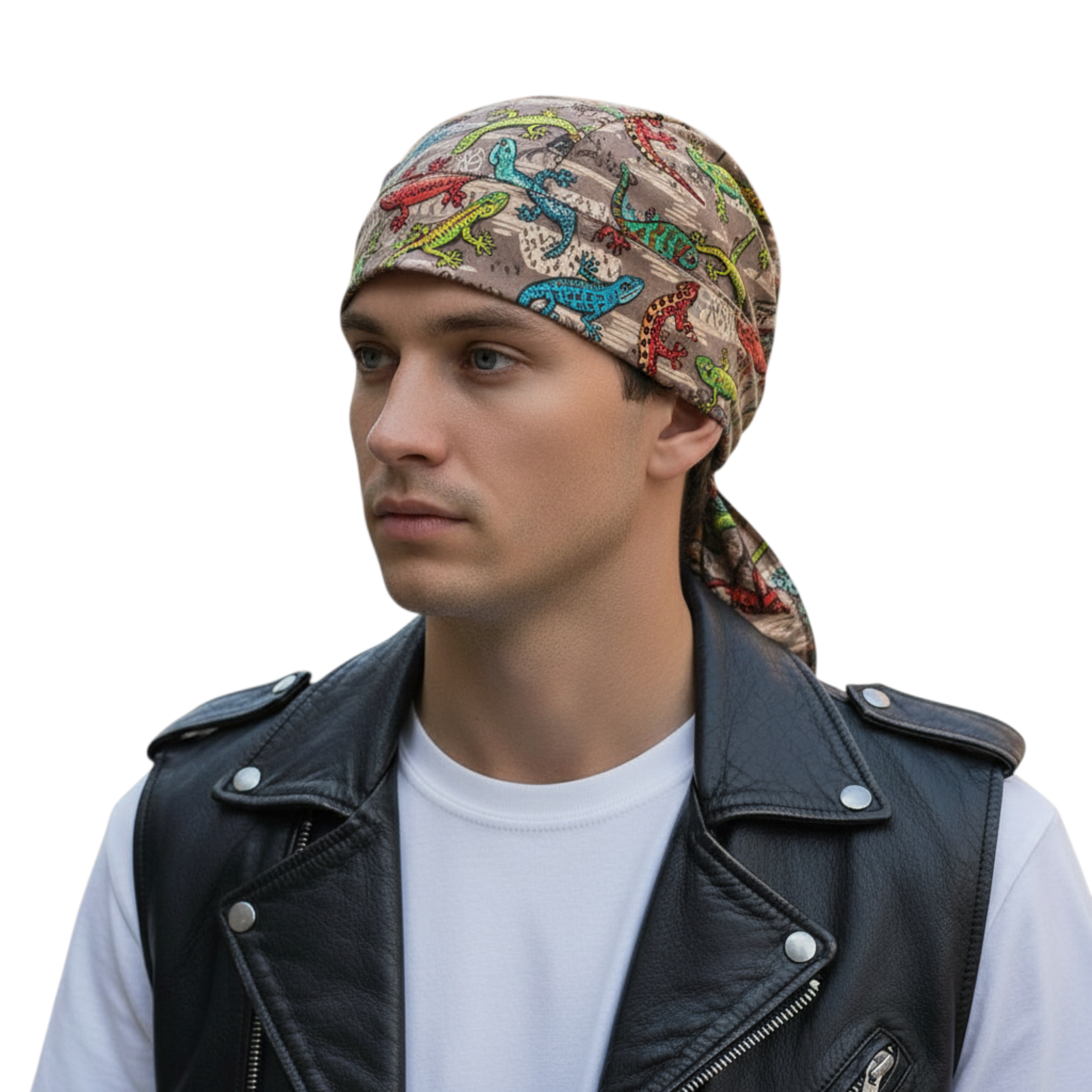 Man wearing a lizard print do rag on a white background
