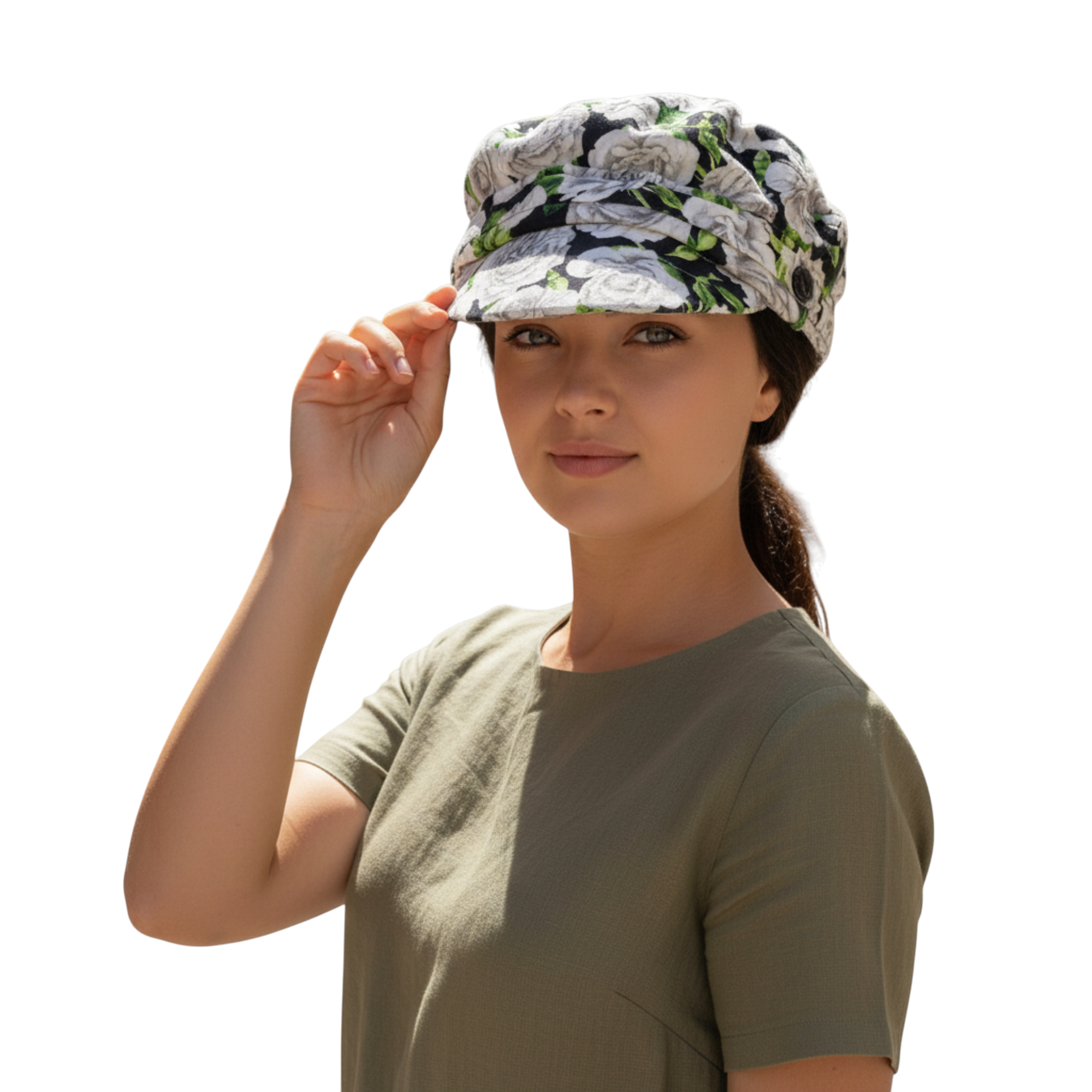 Woman wearing a white rose print Fisherman Cap with a green shirt