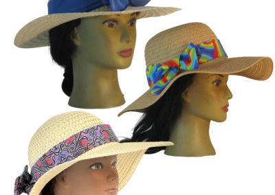 Floppy hat bands showing bow placement options worn on the front, side, and back.