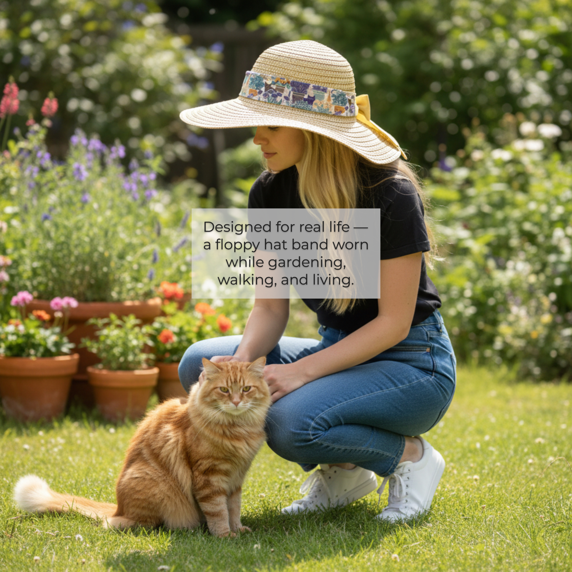 Folies Cat Print Floppy Hat Band – Gardening Wear Woman gardening with a cat while wearing a braided floppy hat with a Folies cat print custom hat band.