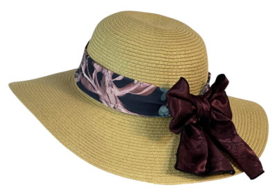 Floppy hat band with tropical floral print and jacquard performance fabric ties.