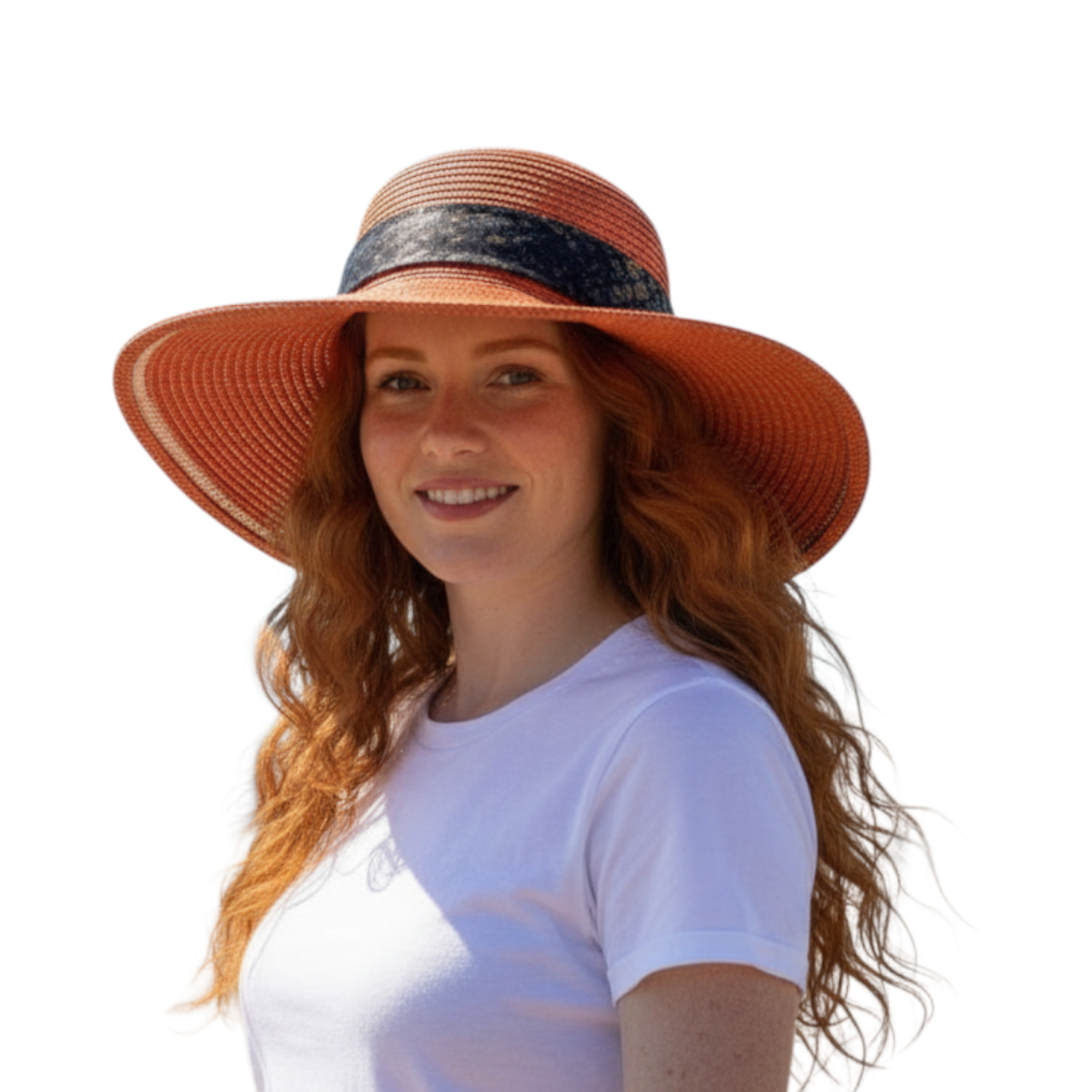 Woman wearing a braided floppy hat with a custom brown hat band.