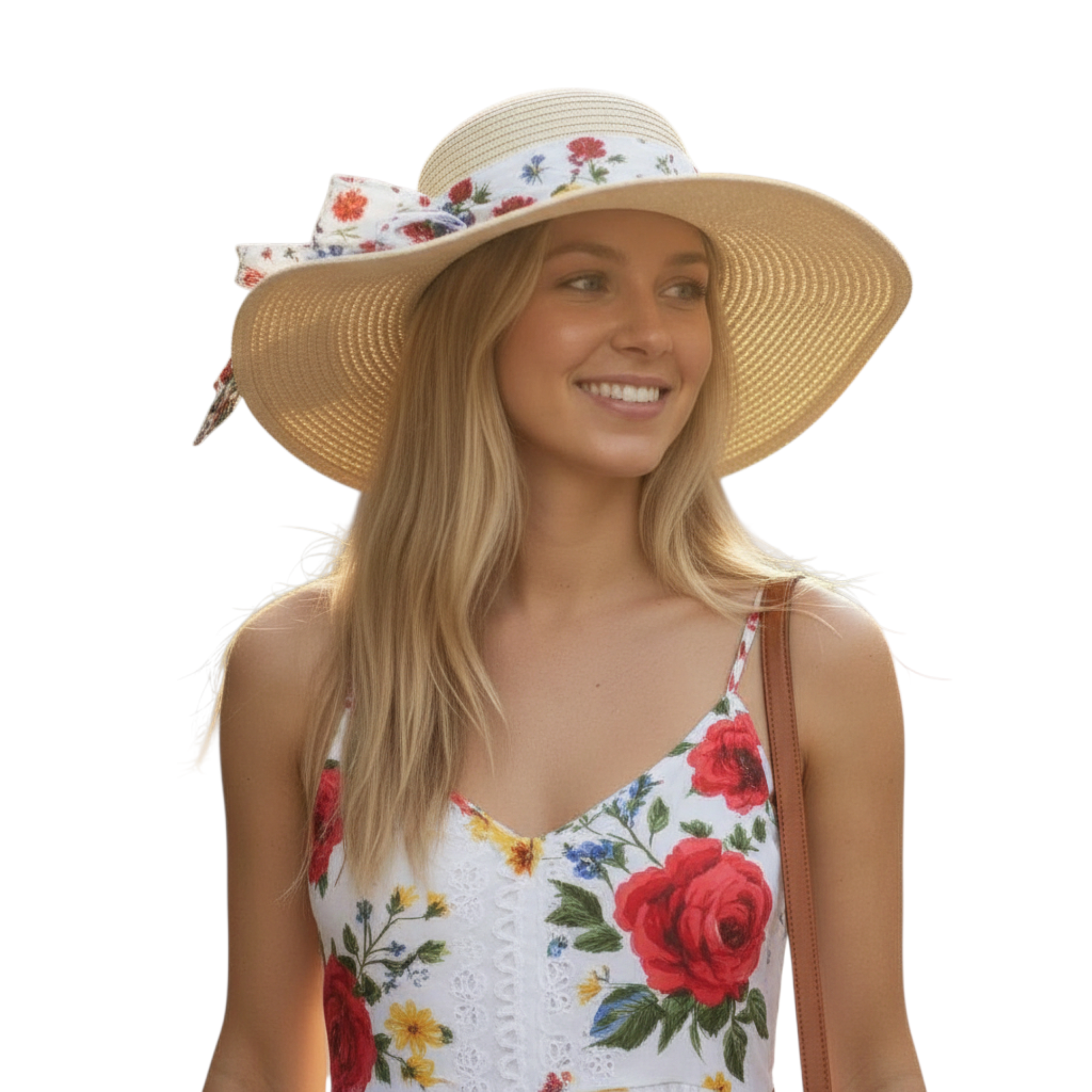 Woman wearing a floppy hat with a rose-pattern hat band on a white background