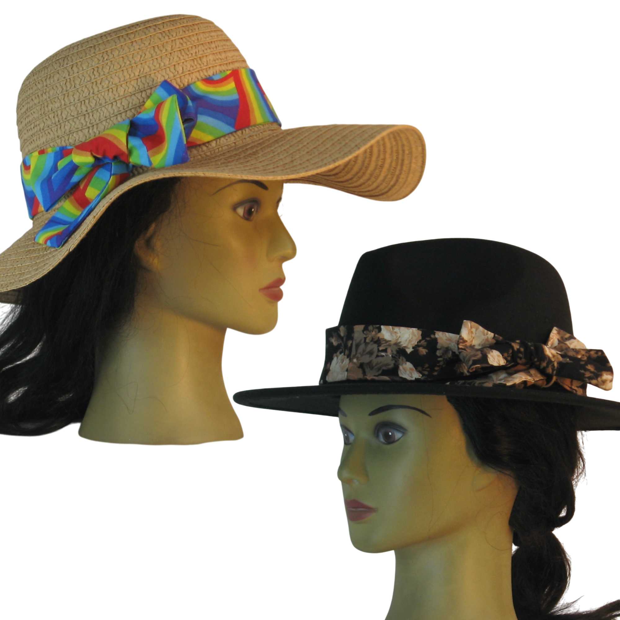 One Band Style — Multiple Hat Types Custom floppy hat bands shown on both a floppy hat and a cowboy hat.