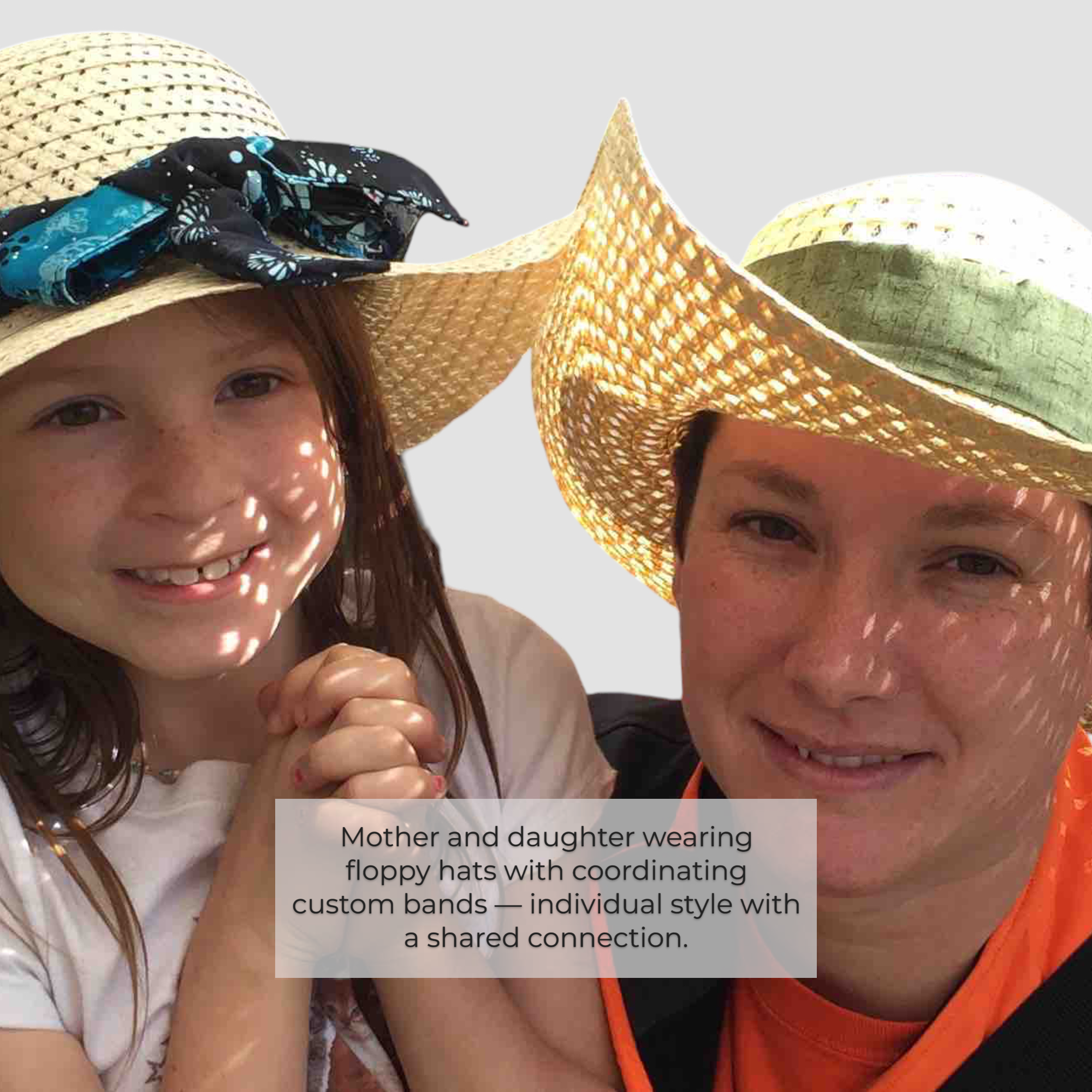 Mother and Daughter Wearing Floppy Hats with Coordinated Bands Mother and daughter wearing floppy hats with coordinating custom hat bands.