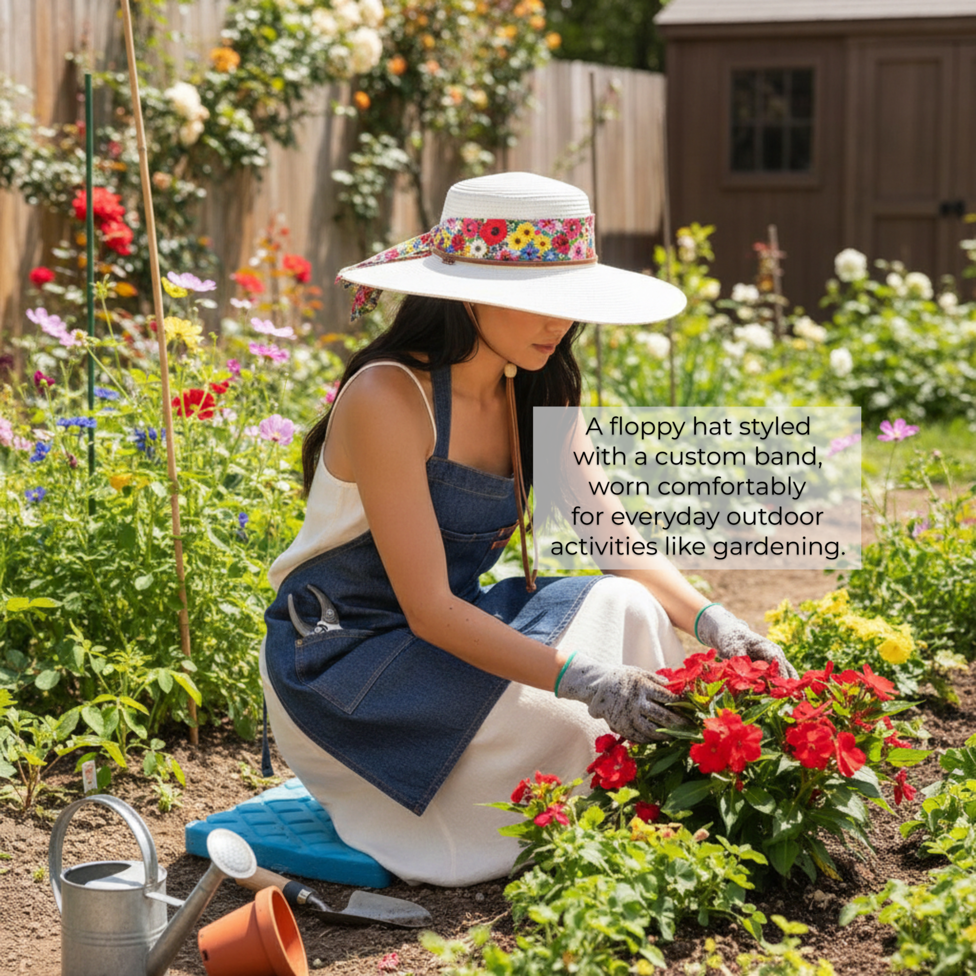 Floppy hat with custom band worn for gardening Woman gardening while wearing a floppy hat with a custom band