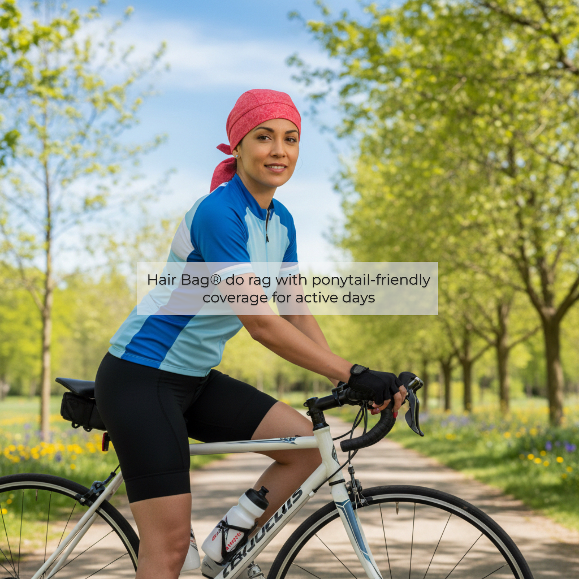 Woman wearing a pink hair bag do rag while riding a bicycle outdoors