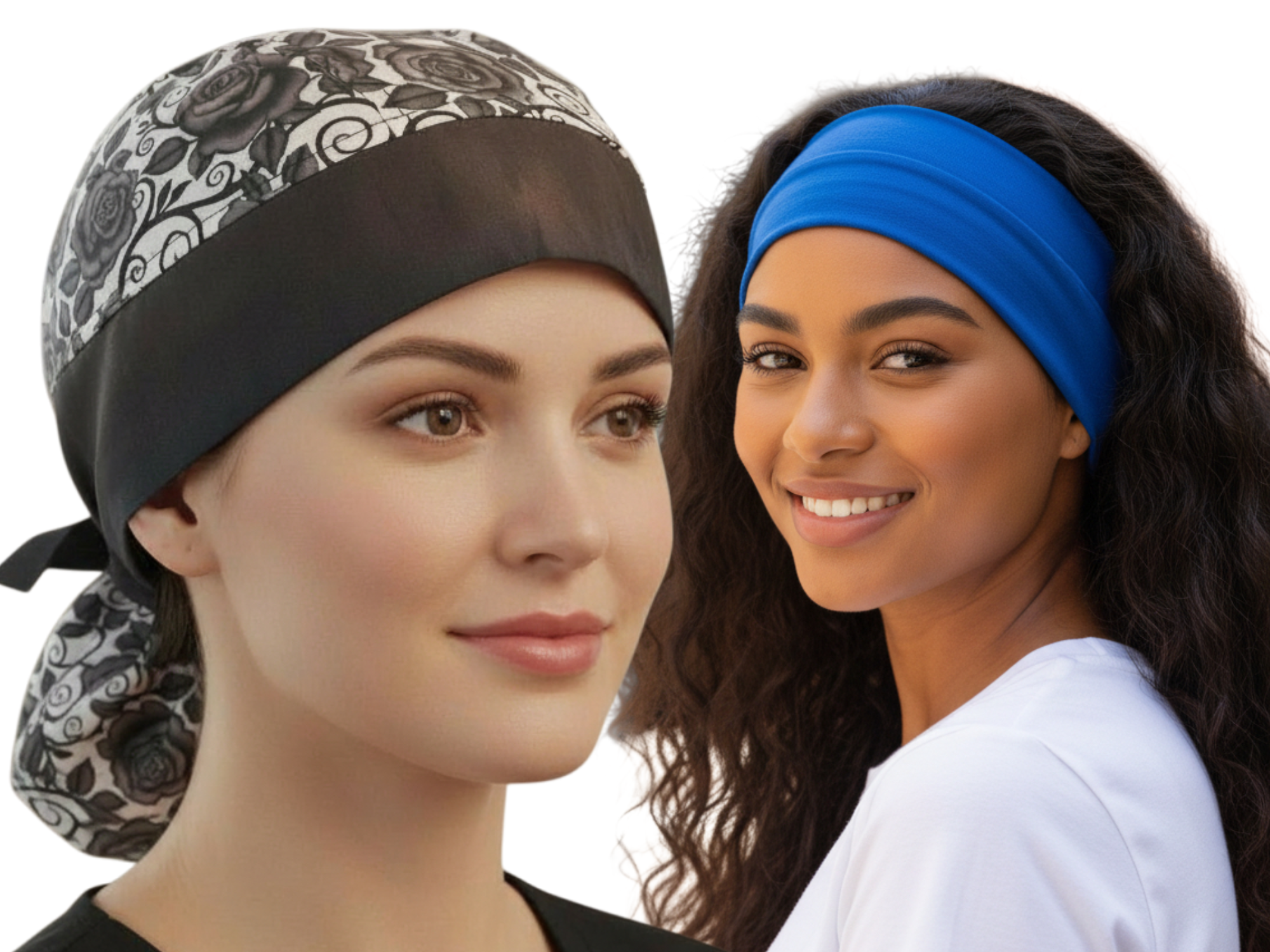 Two women wearing Folies headwear — a Black Roses Hair Bag Do Rag with custom print and a Blue EcoGreen recycled-fiber wicking headband.