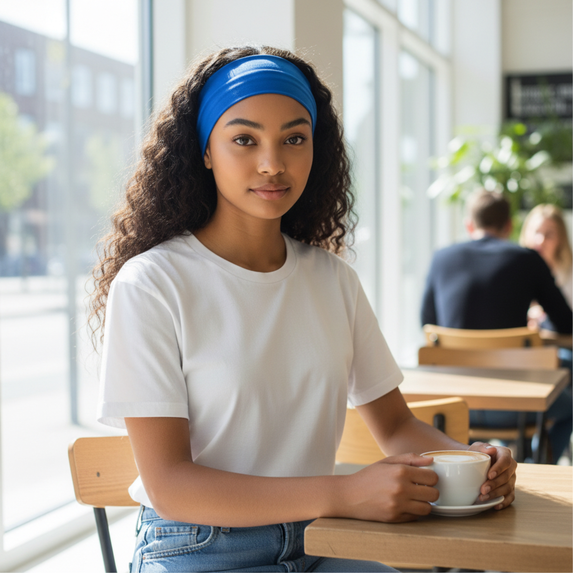 Woman wearing a blue EcoGreen recycled-fiber wicking headband in a café.