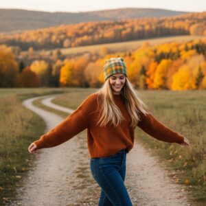 Beanie in Orange Olive Tan Cream Plaid - model