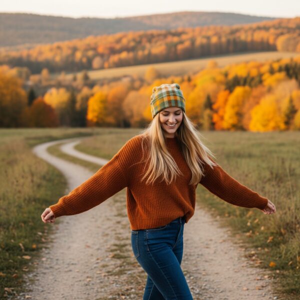 Beanie in Orange Olive Tan Cream Plaid - model