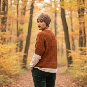 Beanie in Brown with Green Blue Gray Sweater Knit - model