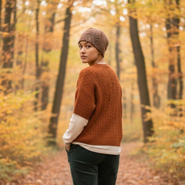 Beanie in Brown with Green Blue Gray Sweater Knit - model
